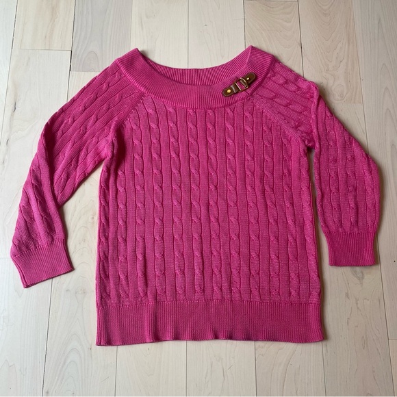 Ralph Lauren Pink Cable Knit Sweater leather buckle Boatneck Medium - Picture 2 of 8